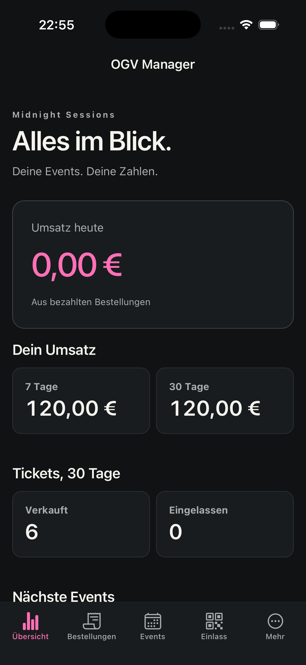 Originalaufnahme der OGV Manager-App: Umsatz- und Ticketübersicht mit Demodaten