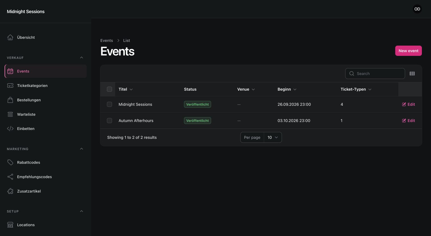 Originalansicht der OGV Eventverwaltung mit lokalem Demo-Veranstalter